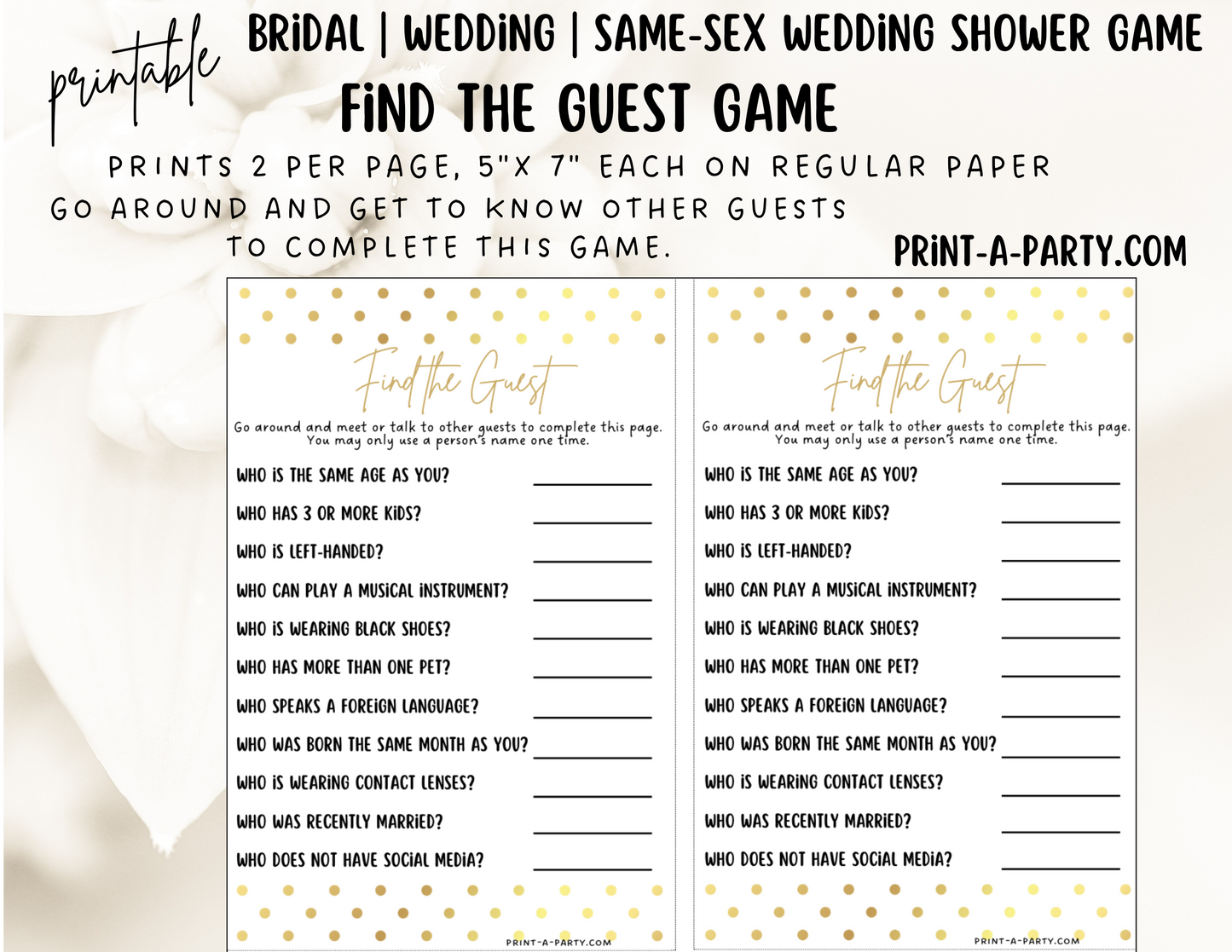 Same Sex Wedding Shower Game Bundle (4) | LGBTQ+ | Same Sex Wedding Activities | LGBTQ+ | Same Sex Weddings - Gold Polka Dots Design