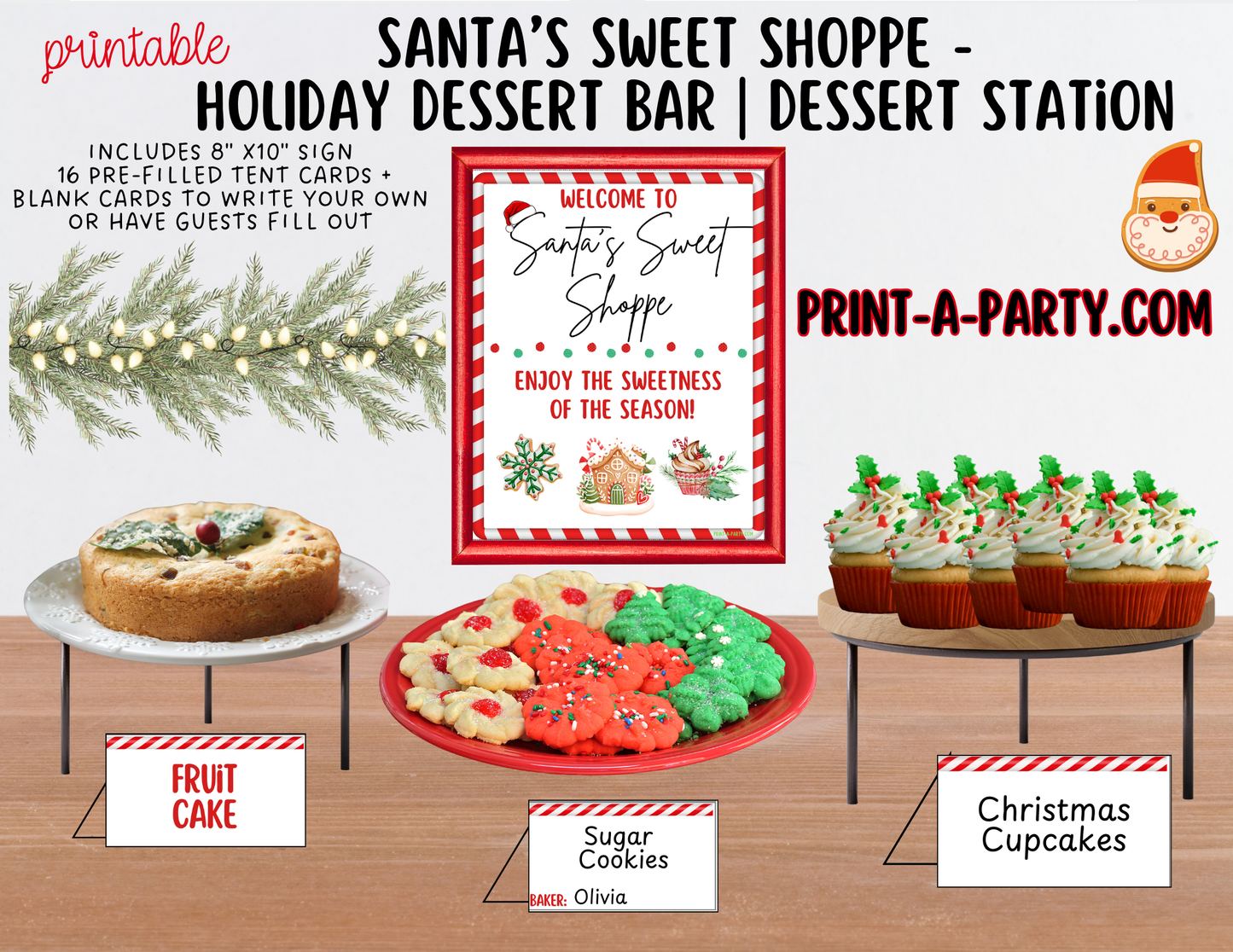 Christmas Dessert Bar - Santa’s Sweet Shoppe Printable Sign & Tent Cards | Christmas Dessert Bar Holiday Party Decorations | 8x10 Sign + Buffet Labels