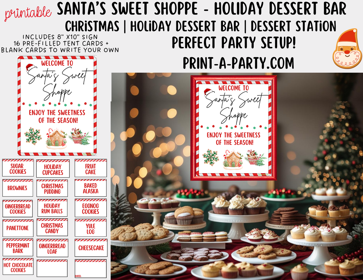 Christmas Dessert Bar - Santa’s Sweet Shoppe Printable Sign & Tent Cards | Christmas Dessert Bar Holiday Party Decorations | 8x10 Sign + Buffet Labels