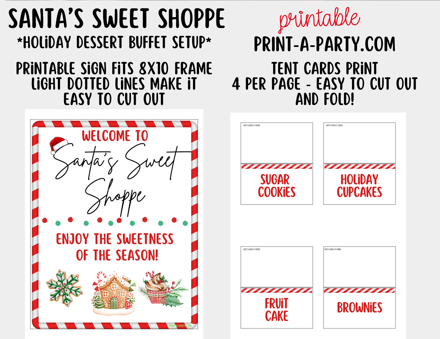 Christmas Dessert Bar - Santa’s Sweet Shoppe Printable Sign & Tent Cards | Christmas Dessert Bar Holiday Party Decorations | 8x10 Sign + Buffet Labels