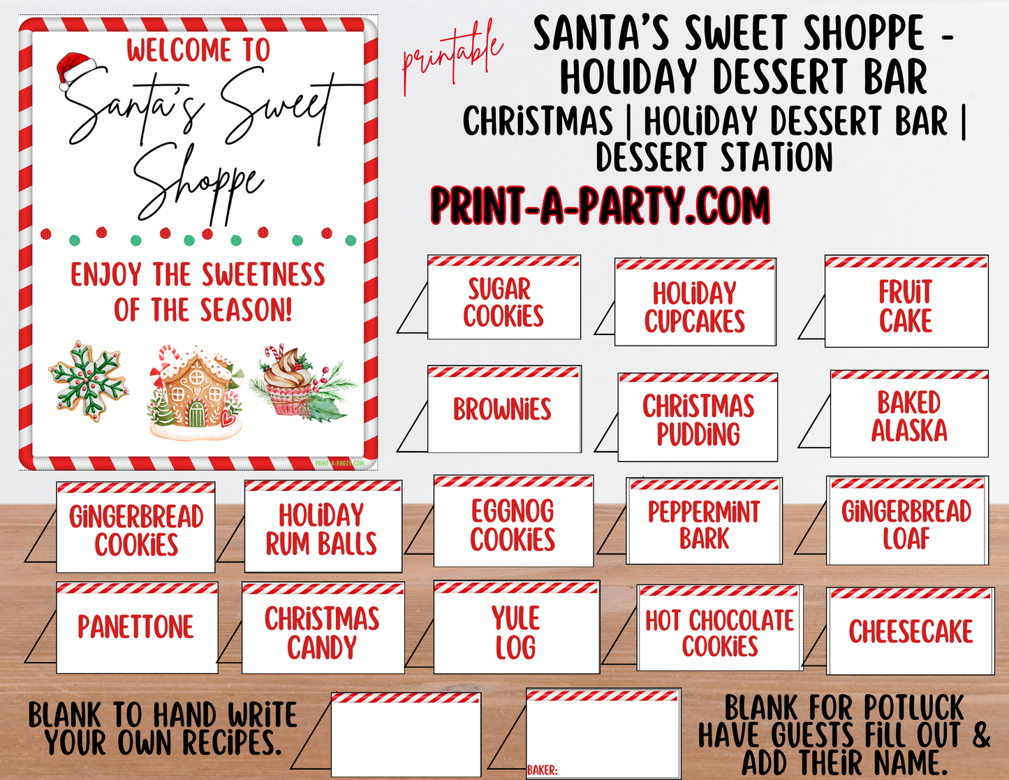 Christmas Dessert Bar - Santa’s Sweet Shoppe Printable Sign & Tent Cards | Christmas Dessert Bar Holiday Party Decorations | 8x10 Sign + Buffet Labels