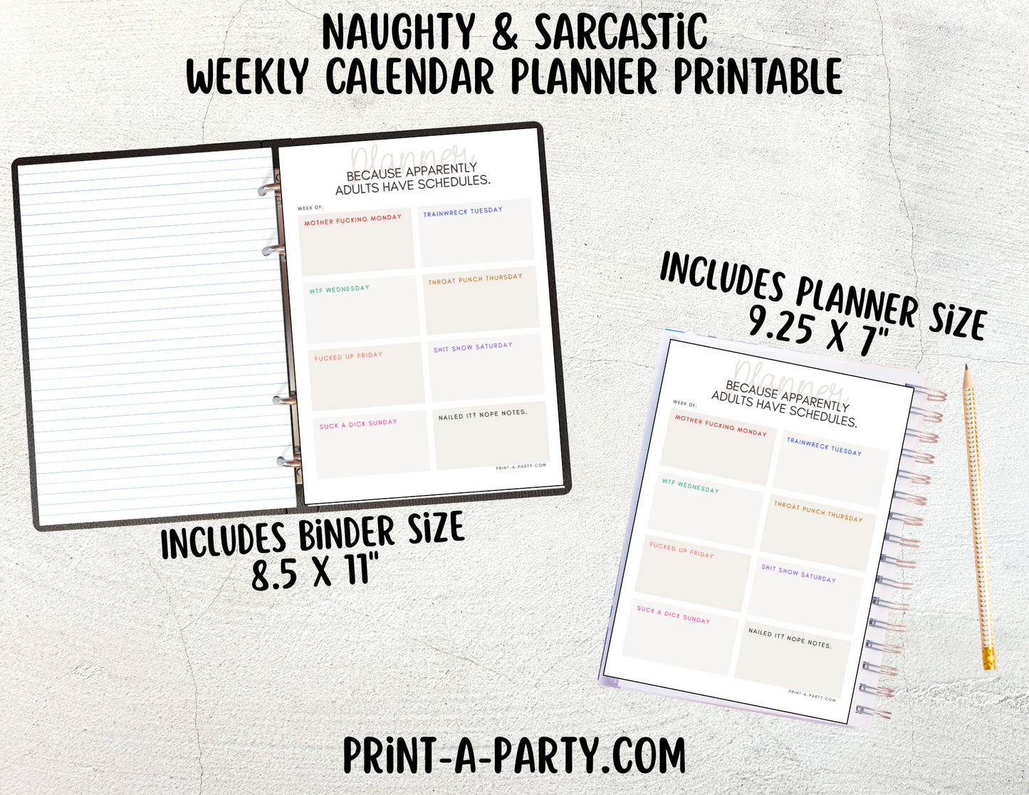 Weekly Calendar - Naughty & Sarcastic Weekly Planner Printable - Get Organized with Attitude