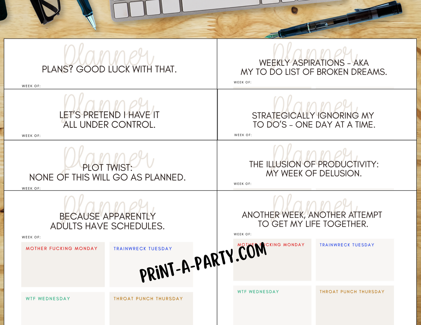 Weekly Calendar - Naughty & Sarcastic Weekly Planner Printable - Get Organized with Attitude