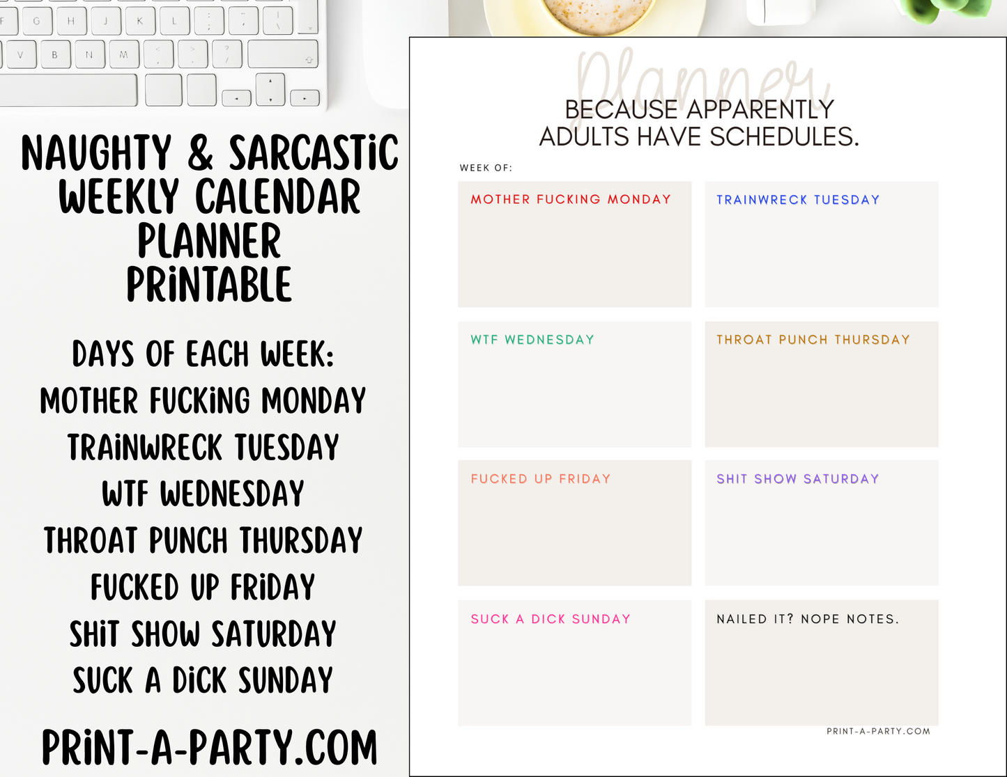 Weekly Calendar - Naughty & Sarcastic Weekly Planner Printable - Get Organized with Attitude
