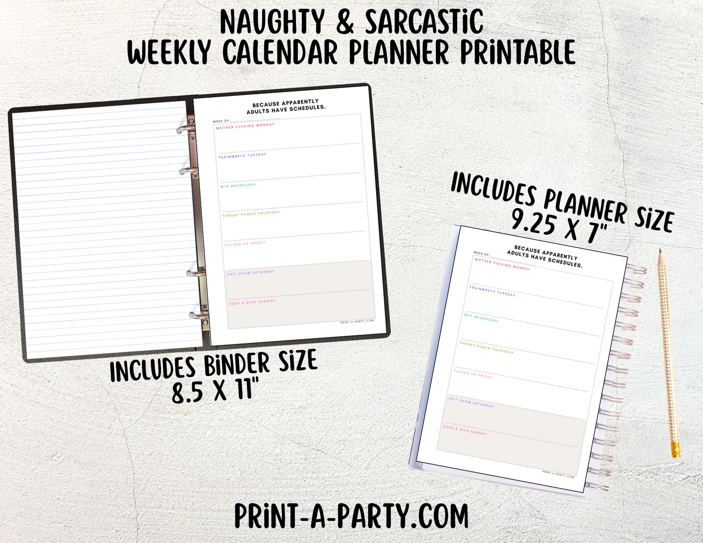 Weekly Calendar - Naughty & Sarcastic Weekly Planner Printable - Get Organized with Attitude