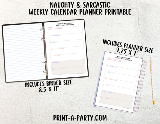 Weekly Calendar - Naughty & Sarcastic Weekly Planner Printable - Get Organized with Attitude