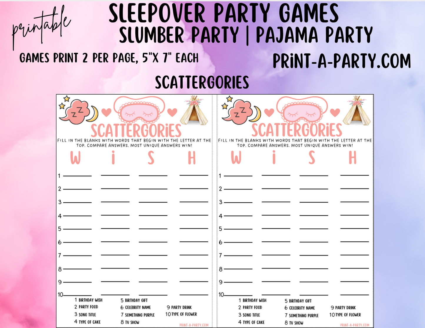 GAMES: SLEEPOVER PARTY THEME | Slumber Party Games | Pajama Party Games | Birthday Party Games | Sleepover Slumber Party | Slumber Party Ideas | INSTANT DOWNLOAD