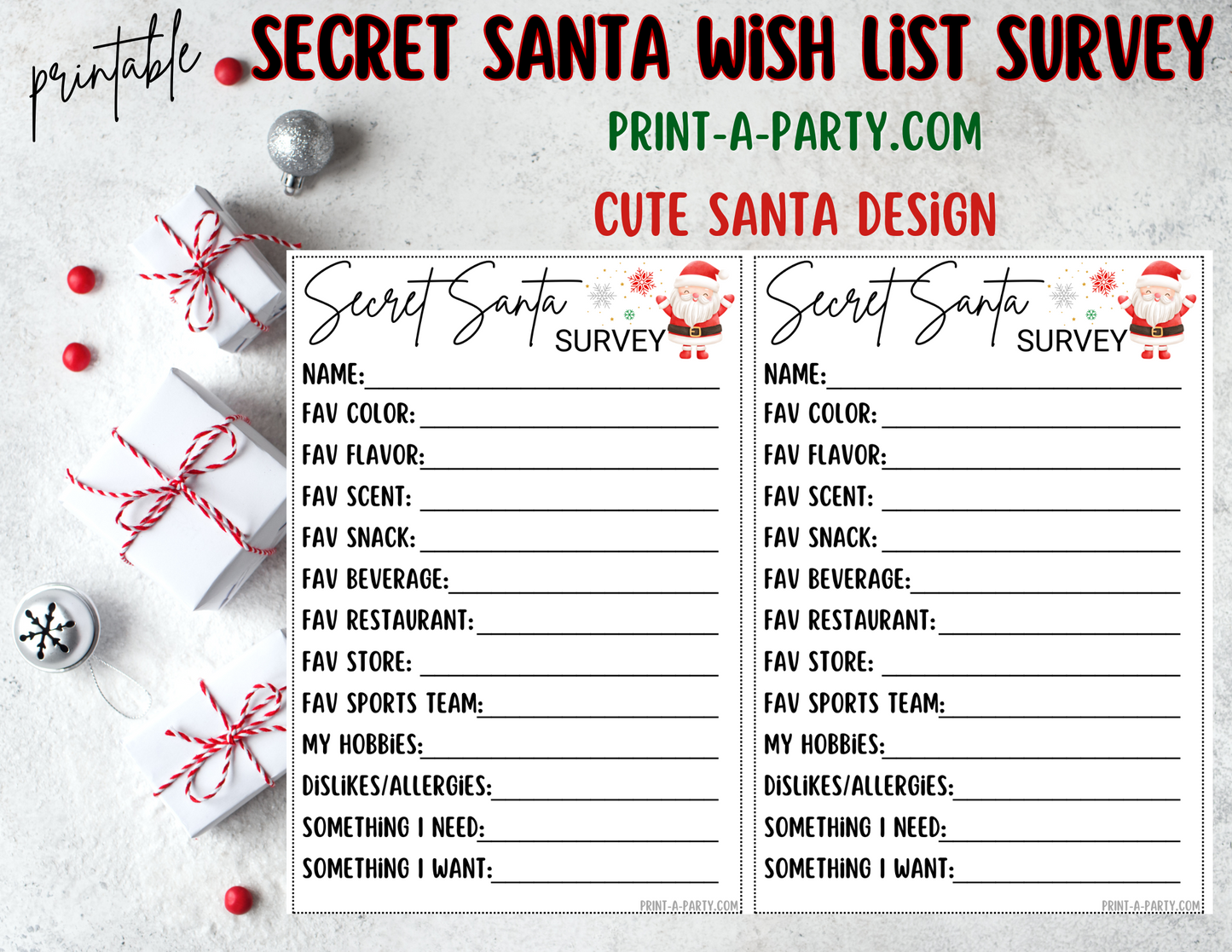 SECRET SANTA SURVEY Printable Secret Santa Wish List – Holiday Gift Exchange Cards