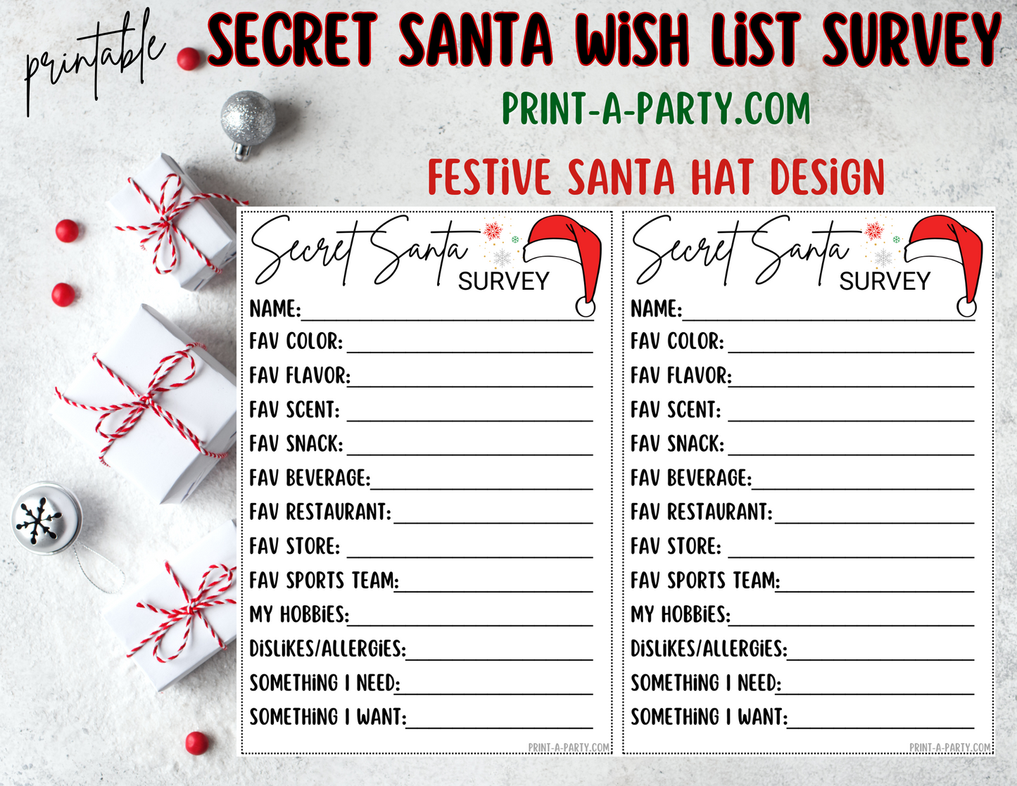 SECRET SANTA SURVEY Printable Secret Santa Wish List – Holiday Gift Exchange Cards
