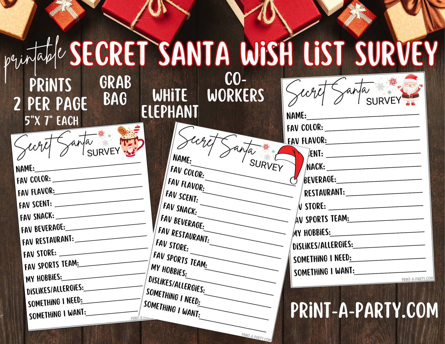 SECRET SANTA SURVEY Printable Secret Santa Wish List – Holiday Gift Exchange Cards