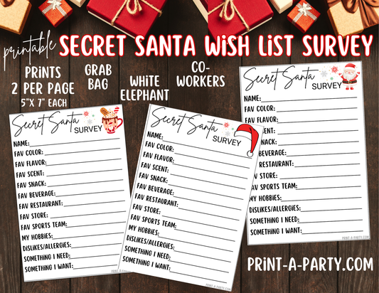 SECRET SANTA SURVEY Printable Secret Santa Wish List – Holiday Gift Exchange Cards