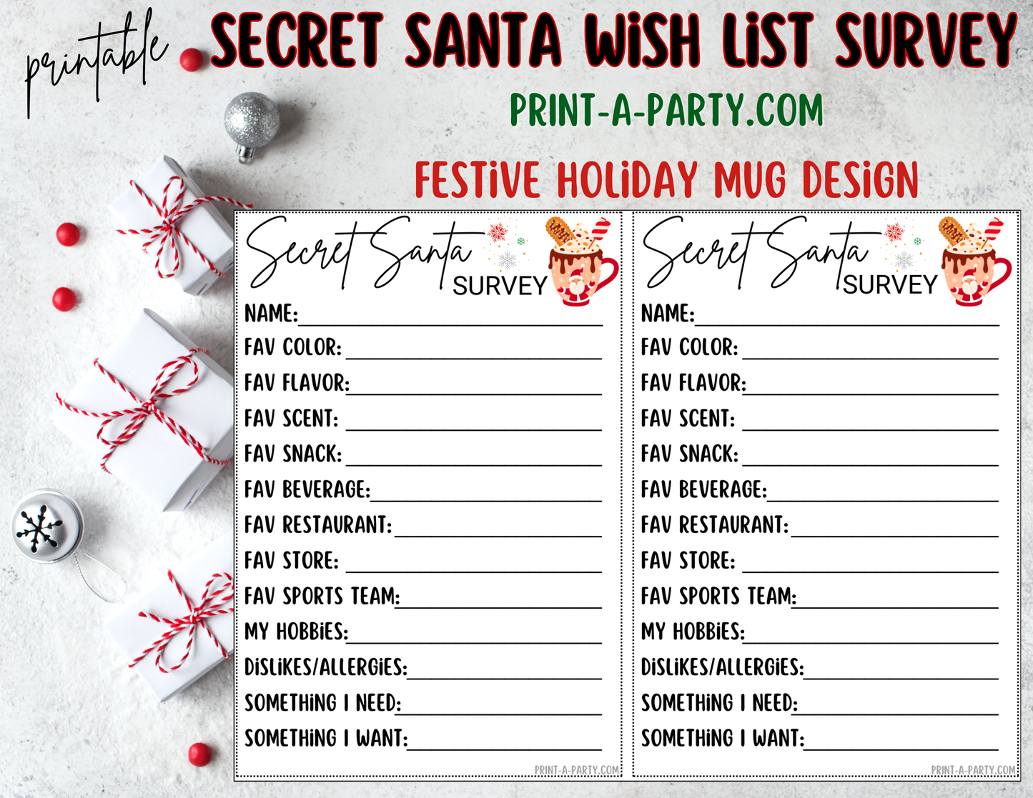 SECRET SANTA SURVEY Printable Secret Santa Wish List – Holiday Gift Exchange Cards