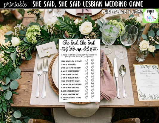 She Said, She Said Lesbian Bridal Shower Game Printable