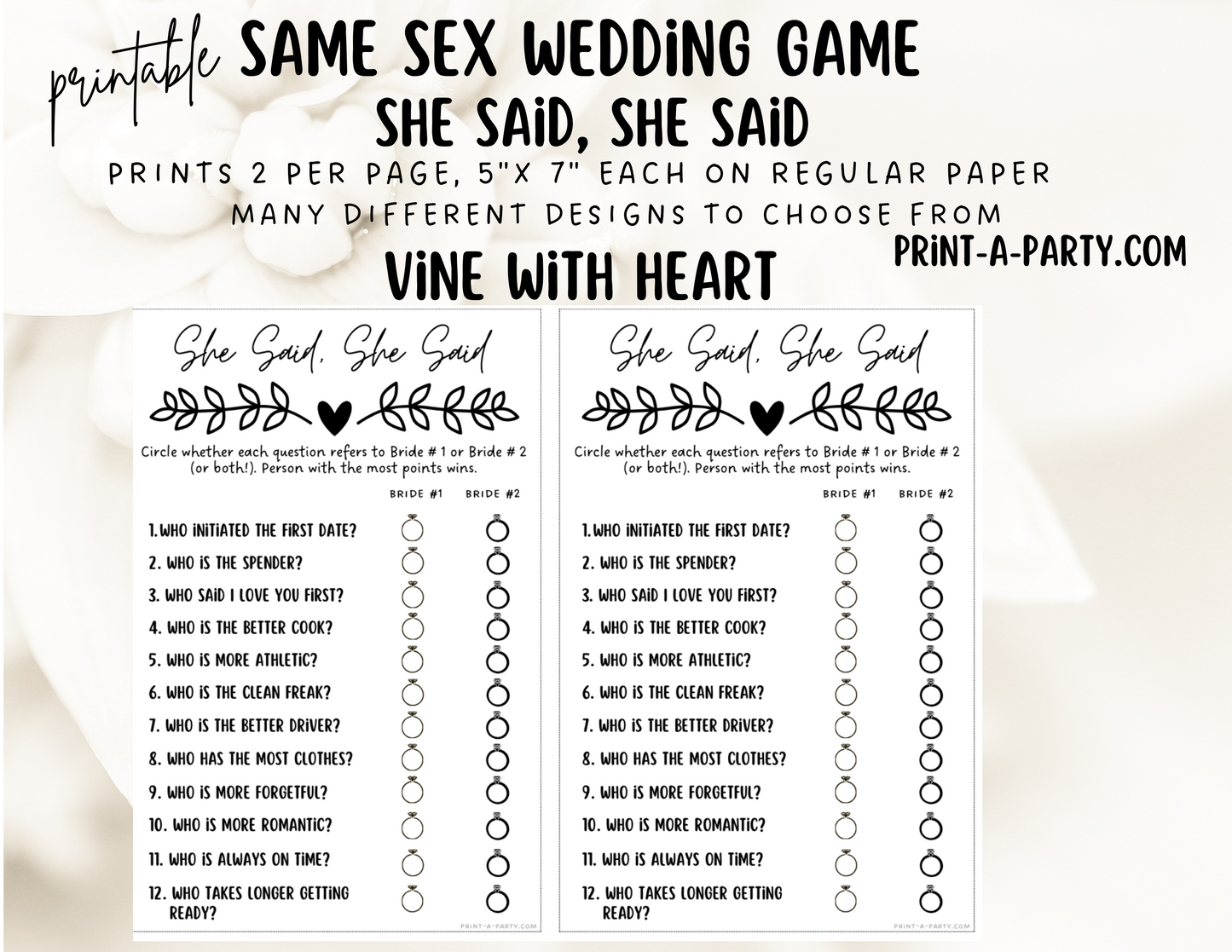 SHE SAID, SHE SAID: Same Sex Wedding Shower Game LGBTQ+ | Lesbian Wedding | Same Sex Wedding Games | Instant Download Printable