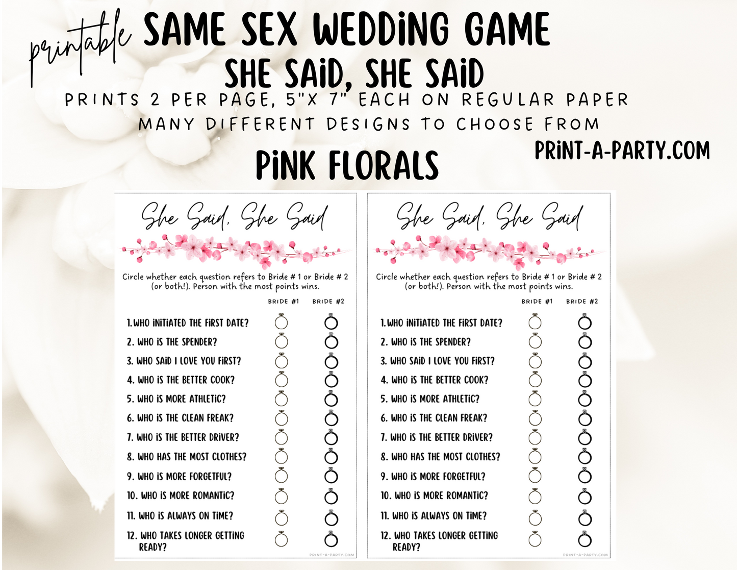 SHE SAID, SHE SAID: Same Sex Wedding Shower Game LGBTQ+ | Lesbian Wedding | Same Sex Wedding Games | Instant Download Printable