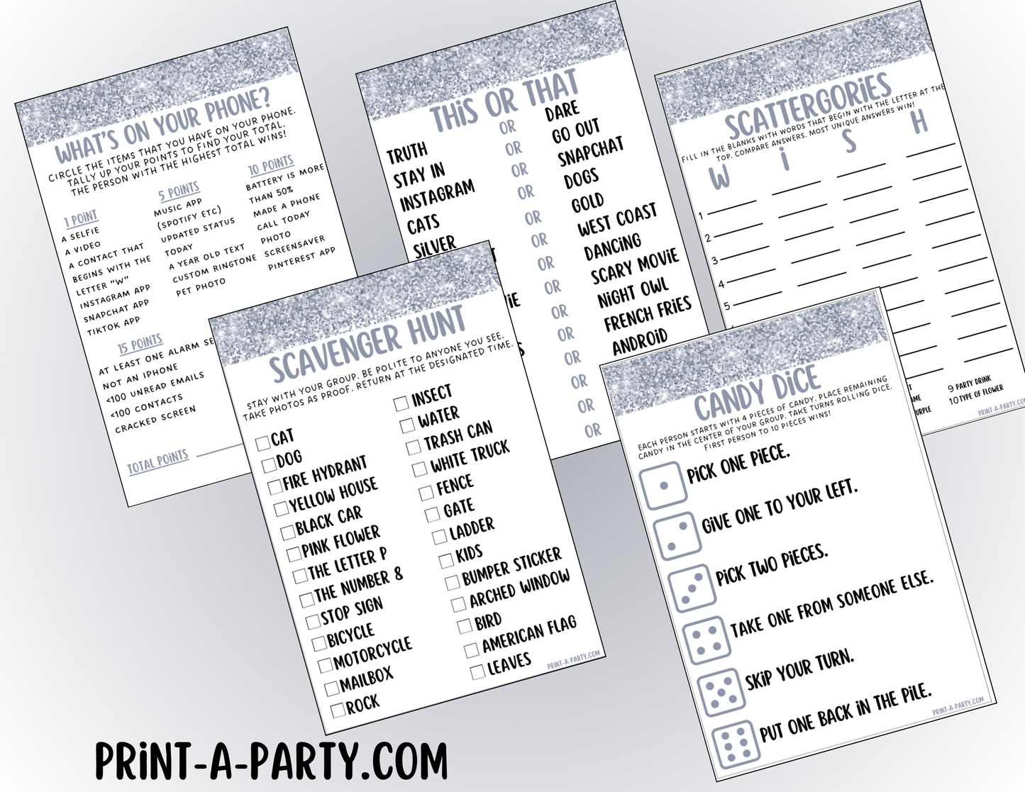 GAMES: COLOR PARTY SILVER THEME | Color Party | Silver Party Games | Silver Party Ideas | INSTANT DOWNLOAD