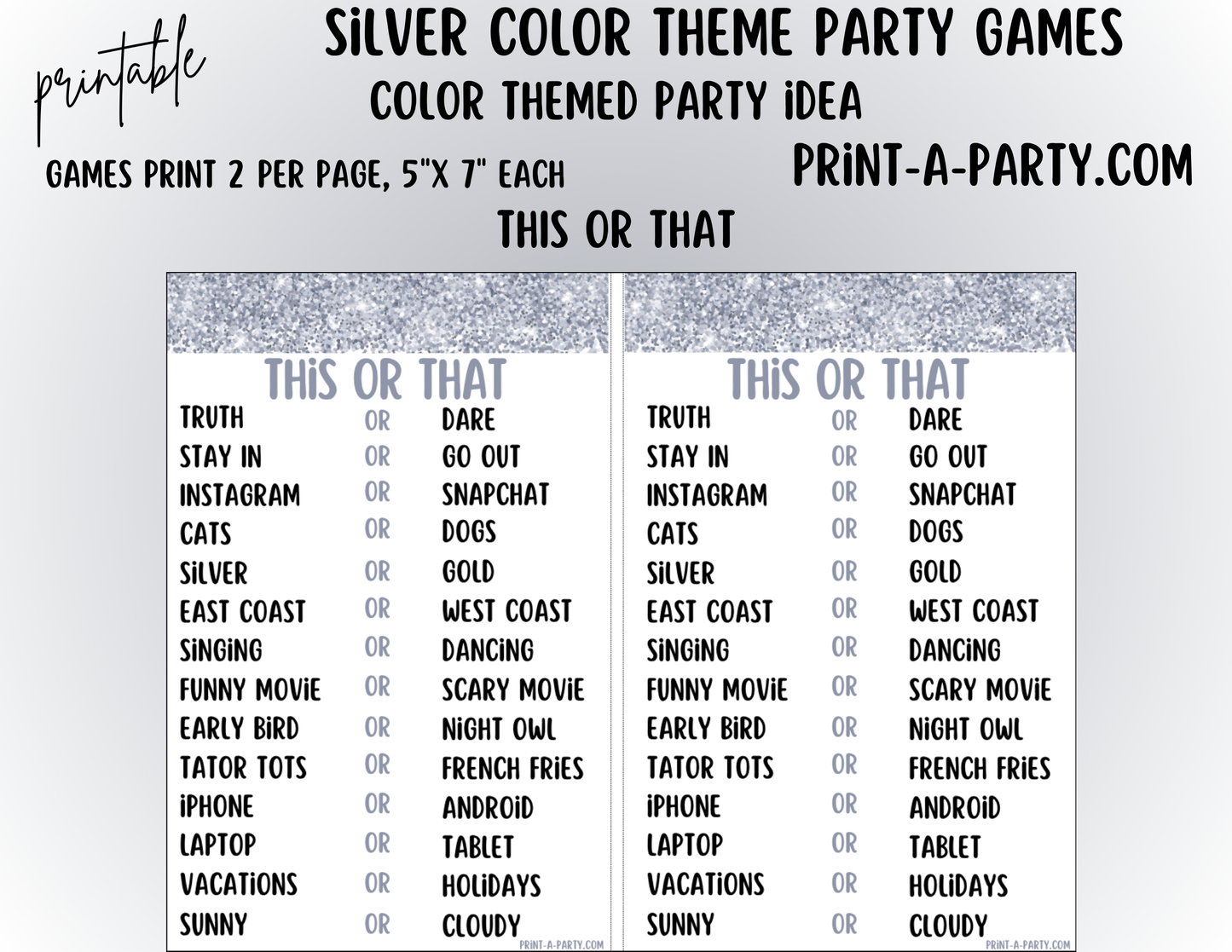 GAMES: COLOR PARTY SILVER THEME | Color Party | Silver Party Games | Silver Party Ideas | INSTANT DOWNLOAD