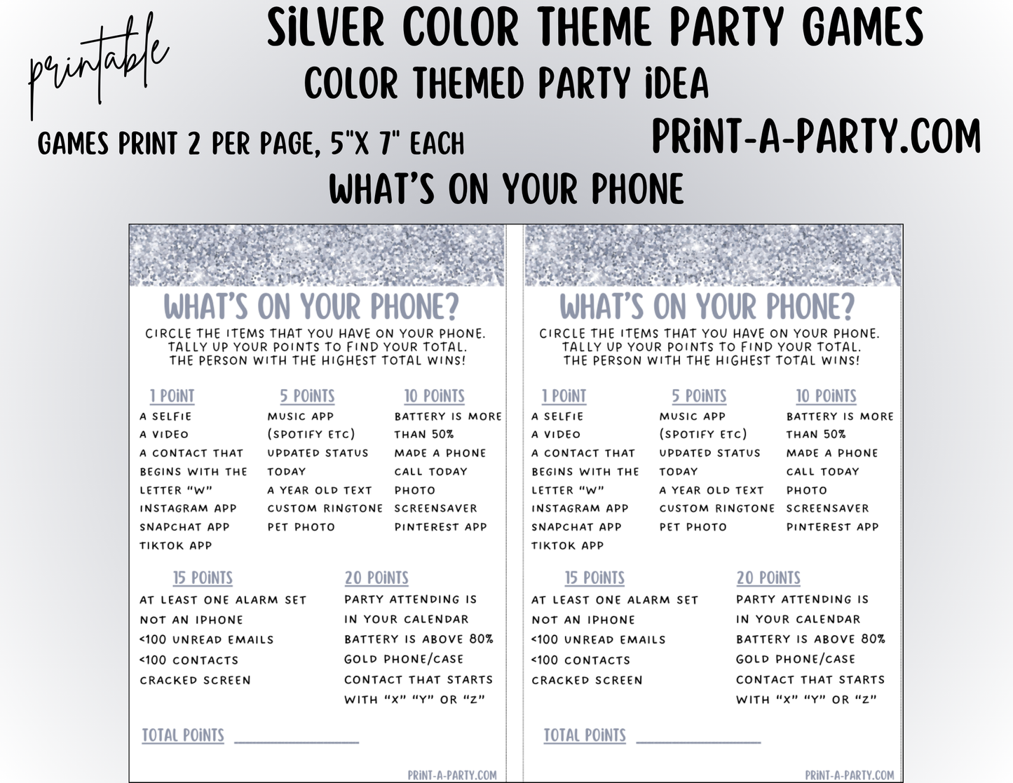 GAMES: COLOR PARTY SILVER THEME | Color Party | Silver Party Games | Silver Party Ideas | INSTANT DOWNLOAD