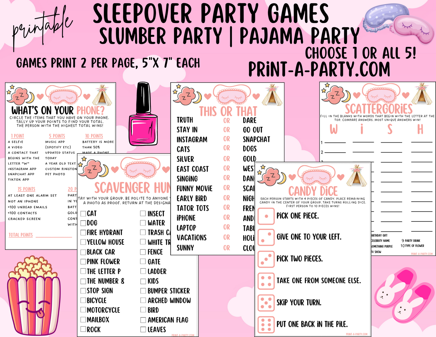 GAMES: SLEEPOVER PARTY THEME | Slumber Party Games | Pajama Party Games | Birthday Party Games | Sleepover Slumber Party | Slumber Party Ideas | INSTANT DOWNLOAD
