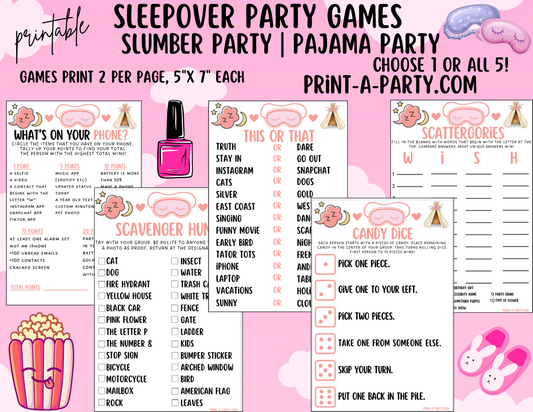 GAMES: SLEEPOVER PARTY THEME | Slumber Party Games | Pajama Party Games | Birthday Party Games | Sleepover Slumber Party | Slumber Party Ideas | INSTANT DOWNLOAD