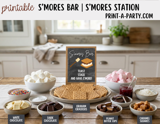 S'mores Bar Sign (8x10) & Topping Tent Cards - Printable Food Station Decor for Parties, Showers, Events