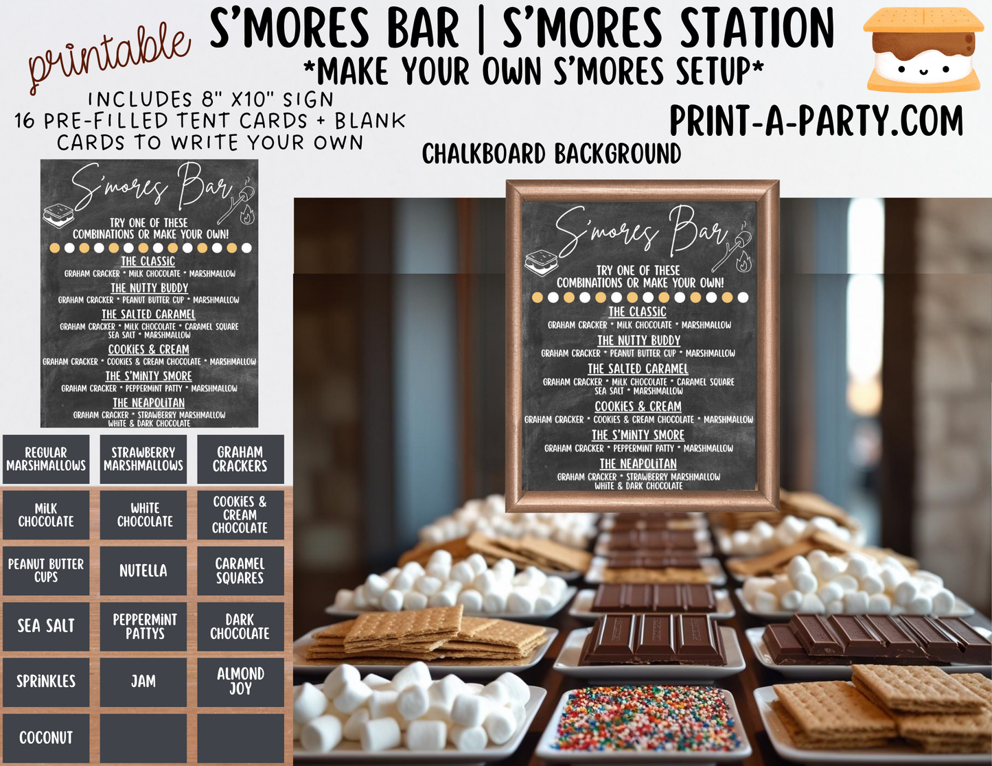 S'MORES BAR Printable - Chalkboard Sign and Toppings Labels Template - Perfect for Parties, Showers, Birthdays, BBQ, Summer, Camping, Holidays or the Office