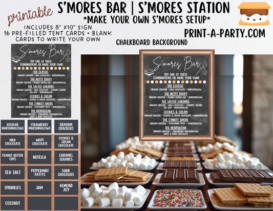 S'MORES BAR Printable - Chalkboard Sign and Toppings Labels Template - Perfect for Parties, Showers, Birthdays, BBQ, Summer, Camping, Holidays or the Office