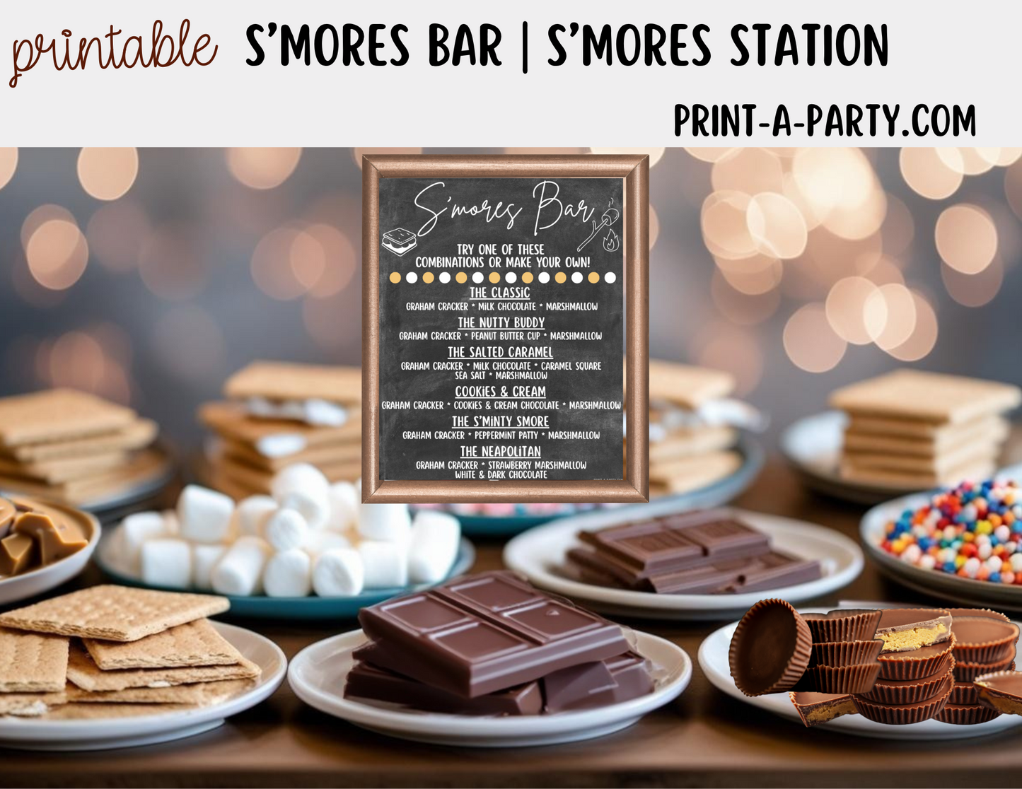 S'MORES BAR Printable - Chalkboard Sign and Toppings Labels Template - Perfect for Parties, Showers, Birthdays, BBQ, Summer, Camping, Holidays or the Office