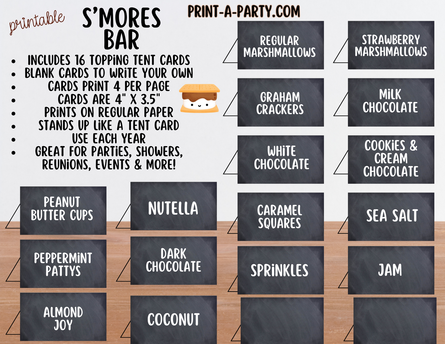 S'MORES BAR Printable - Chalkboard Sign and Toppings Labels Template - Perfect for Parties, Showers, Birthdays, BBQ, Summer, Camping, Holidays or the Office