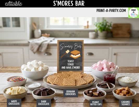 Editable S'Mores Bar Sign (8x10) and Topping Tent Cards Canva Template - Perfect for Parties, Showers and Events