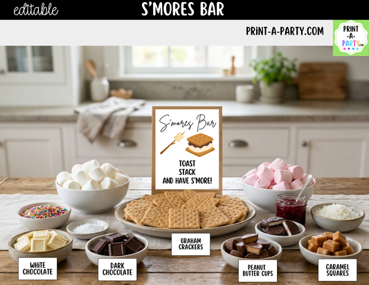 Editable S'Mores Bar Sign (8x10) and Topping Tent Cards Canva Template - Perfect for Parties, Showers and Events