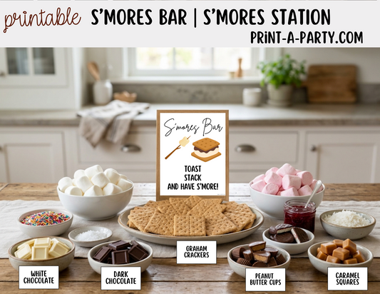 S'mores Bar Sign (8x10) & Topping Tent Cards - Printable Food Station Decor for Parties, Showers, Events