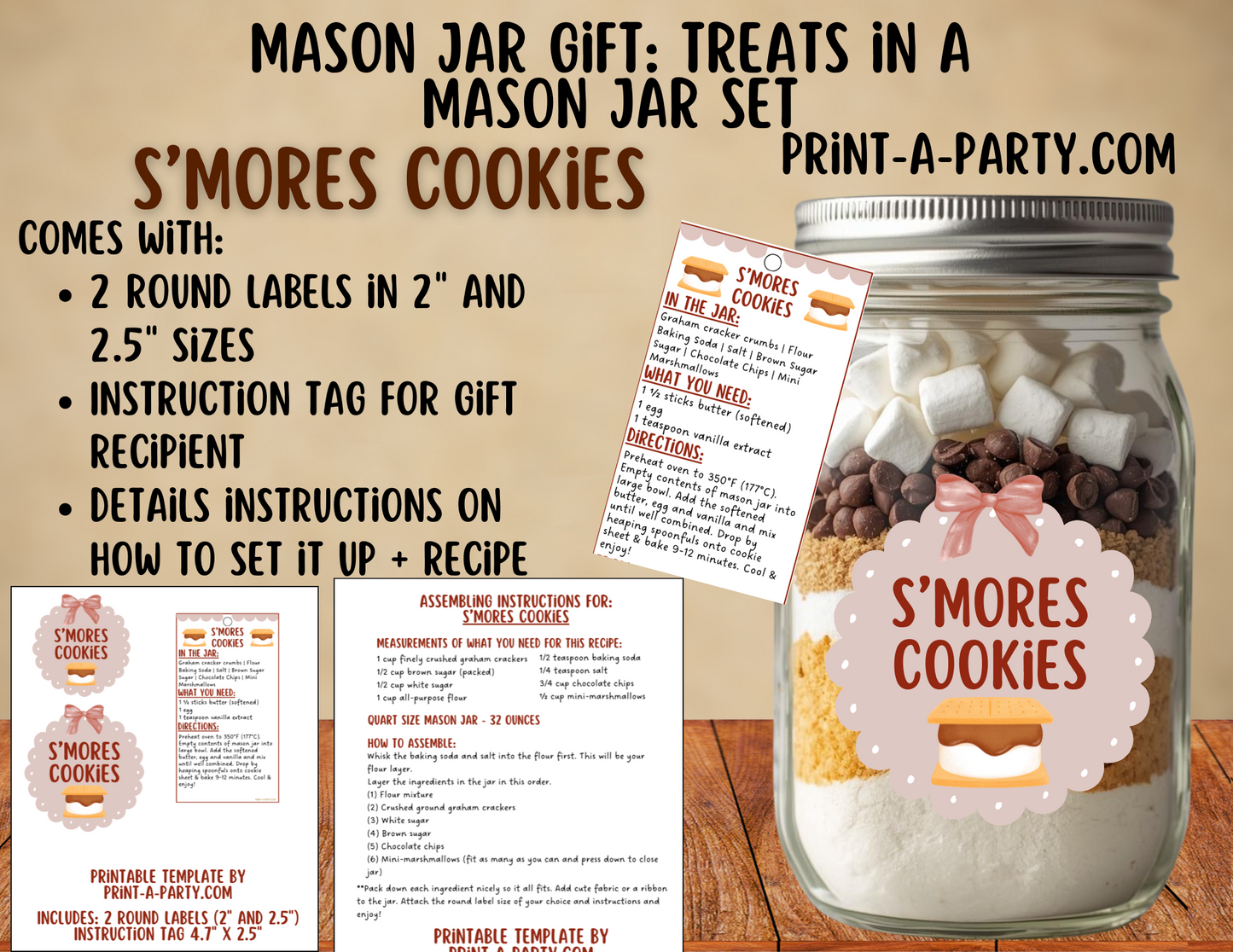MASON JAR GIFT: Printable S'mores Mason Jar Cookie Kit, DIY Gift in a Jar Labels, Gift Tag, Instructions