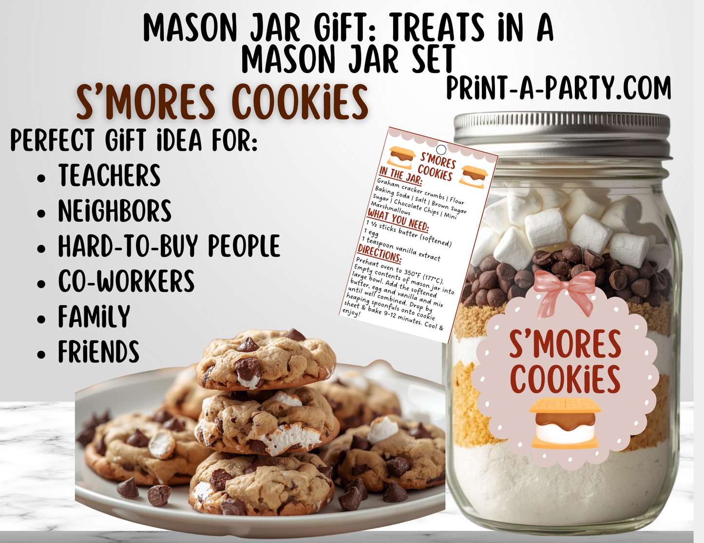 MASON JAR GIFT: Printable S'mores Mason Jar Cookie Kit, DIY Gift in a Jar Labels, Gift Tag, Instructions