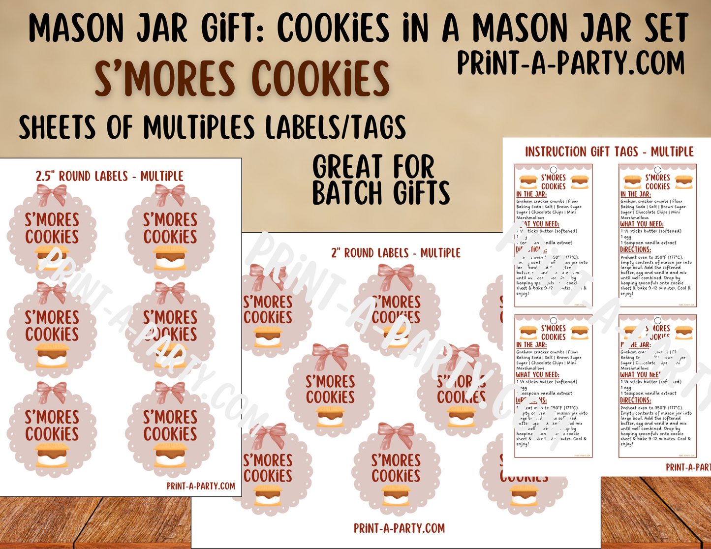 MASON JAR GIFT: Printable S'mores Mason Jar Cookie Kit, DIY Gift in a Jar Labels, Gift Tag, Instructions