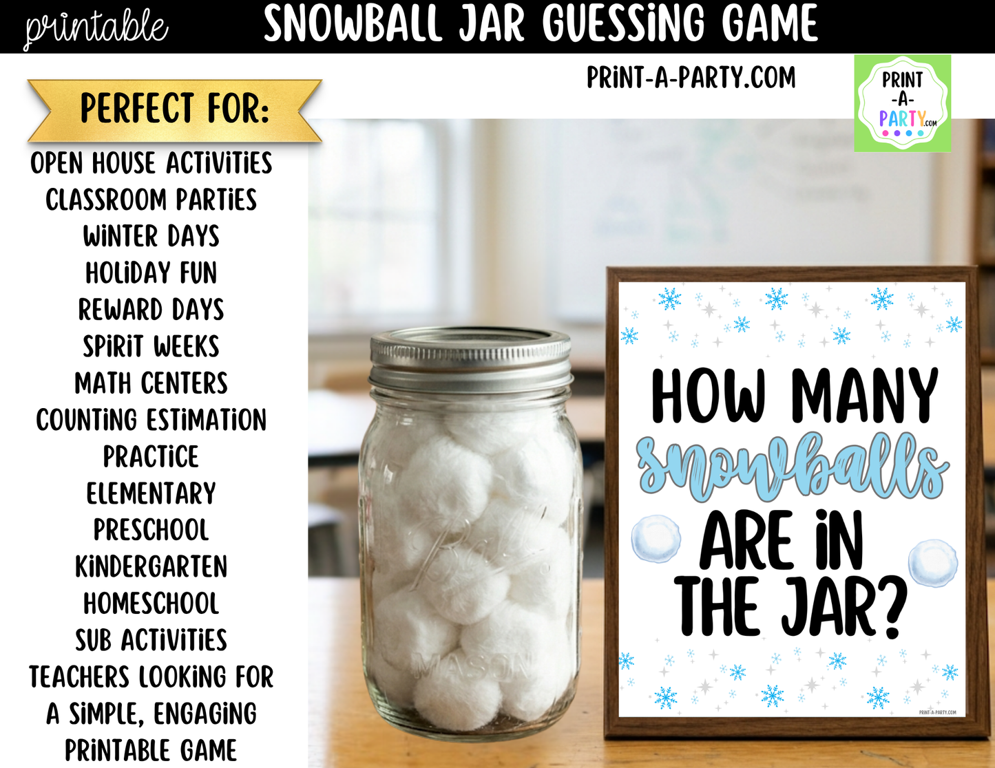 Snowball Jar Guessing Game Printable Sign (8x10) + Guessing Cards - How Many Snowballs In the Jar Party Decor