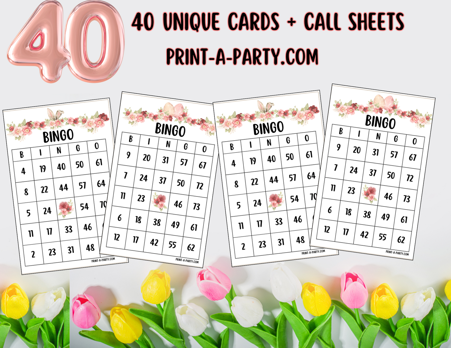 BINGO: Spring Easter Bingo | Spring Florals | Spring Activities | Parties | Classroom | 30, 40, or 50 cards