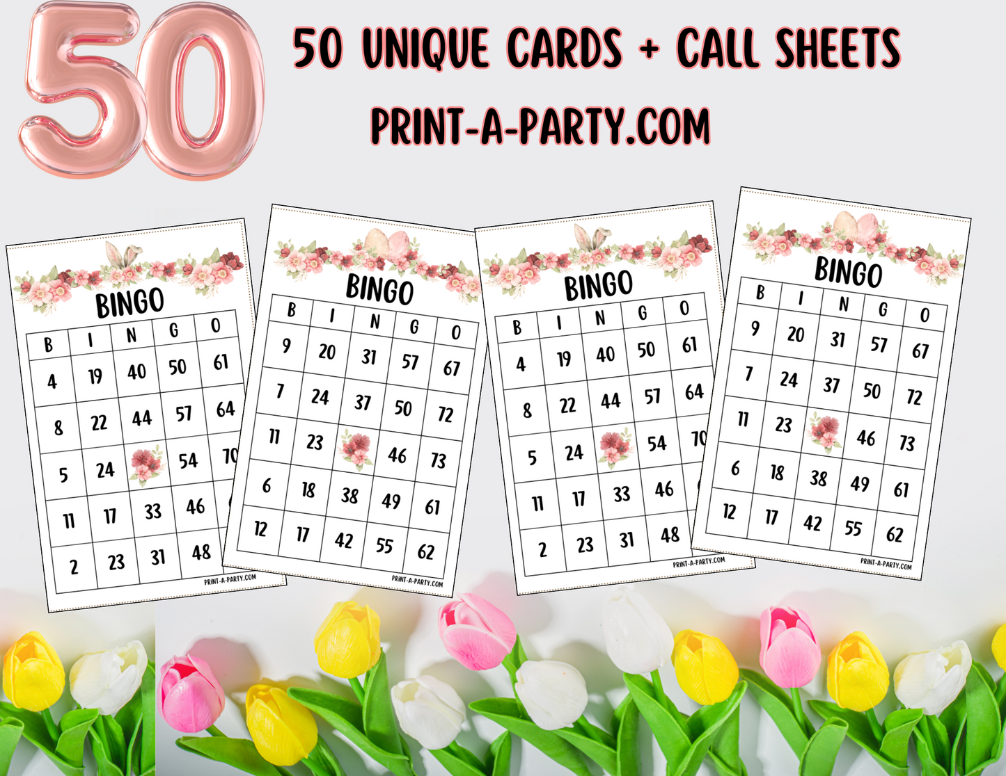 BINGO: Spring Easter Bingo | Spring Florals | Spring Activities | Parties | Classroom | 30, 40, or 50 cards