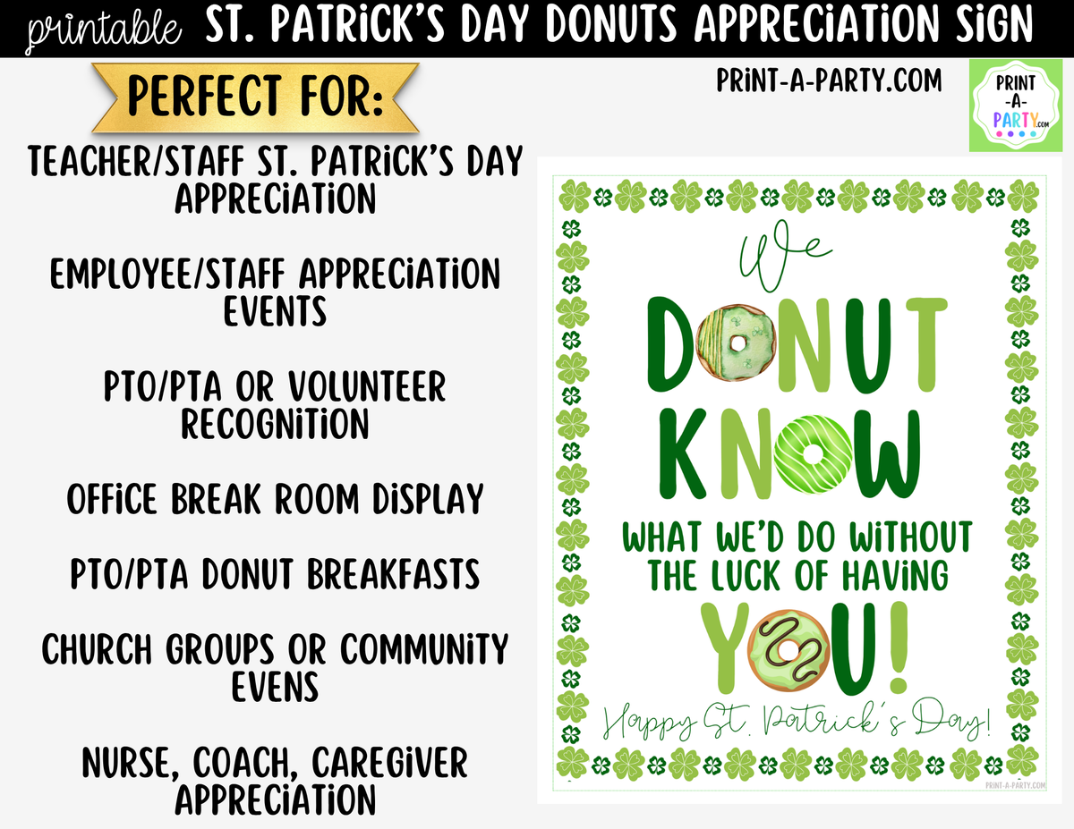 St. Patrick's Day Donut Appreciation Sign Printable