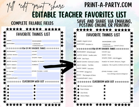 Teacher Favorite Things List - Edit via a Fillable PDF - Printable, Shareable - Teacher Wishlist, Room Moms, PTO School Staff Appreciation