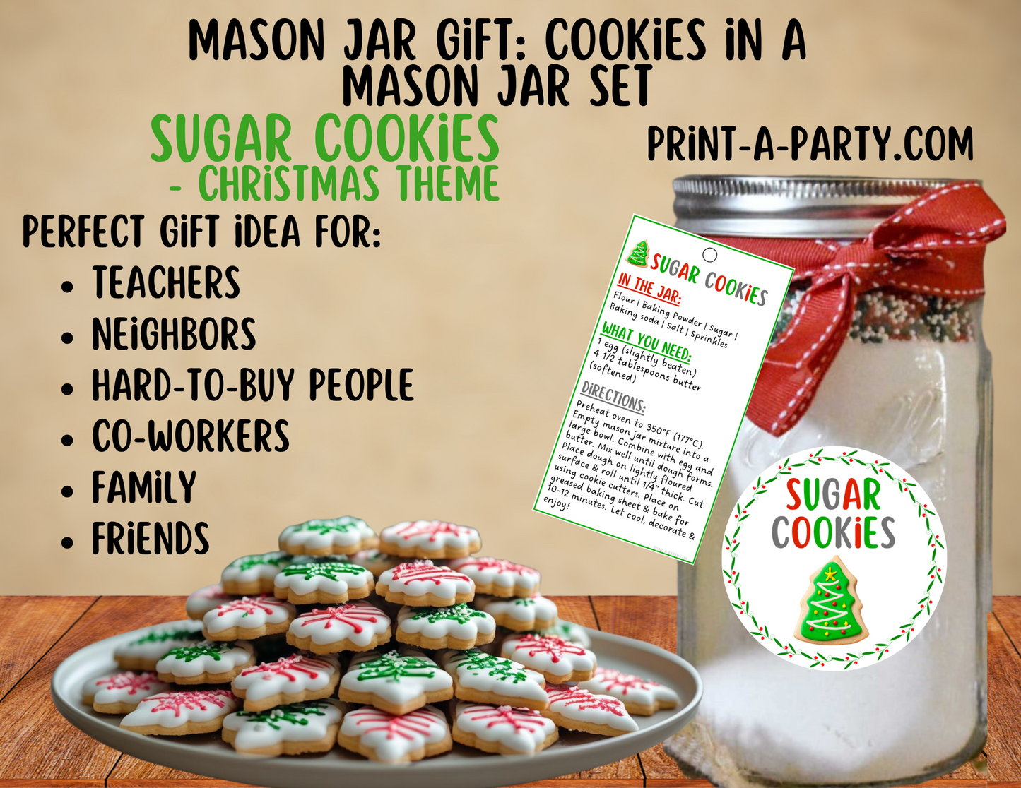 MASON JAR COOKIE GIFT: Sugar Cookies in a Mason Jar Printable Kit - perfect holiday gift idea for family friends coworkers neighbors