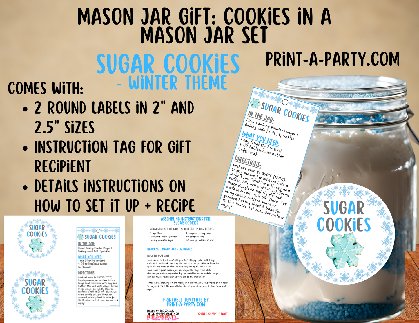 MASON JAR GIFT: Sugar Cookies in a Mason Jar Printable Kit - Winter-themed - Labels, Gift Tag, Ingredients and Instructions