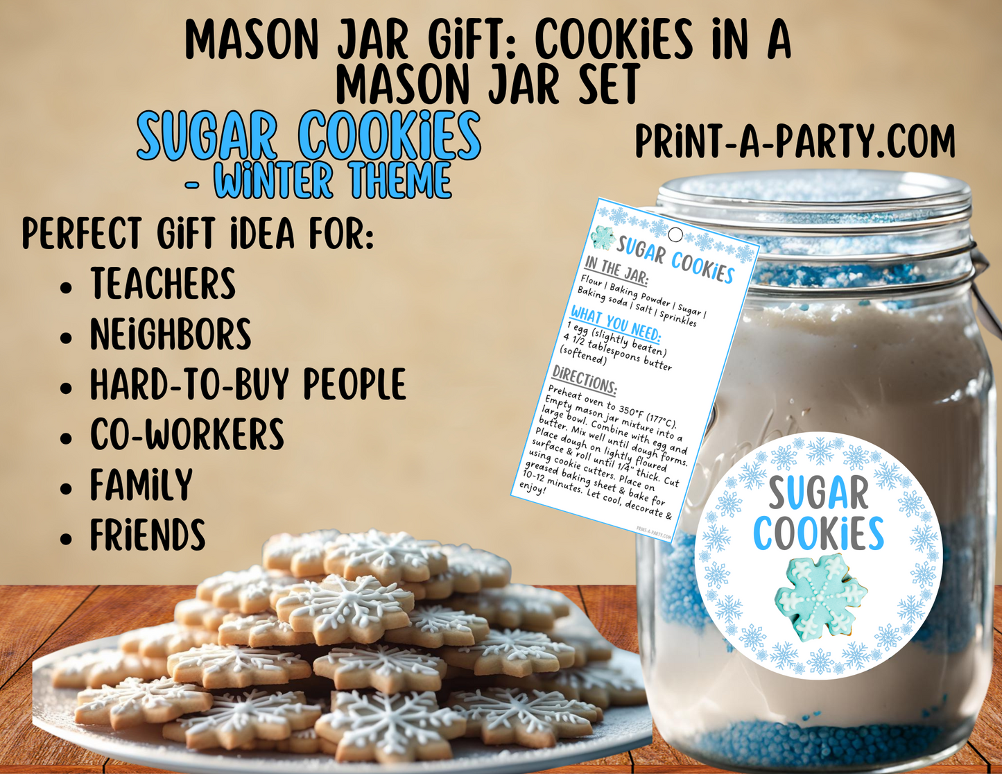 MASON JAR GIFT: Sugar Cookies in a Mason Jar Printable Kit - Winter-themed - Labels, Gift Tag, Ingredients and Instructions