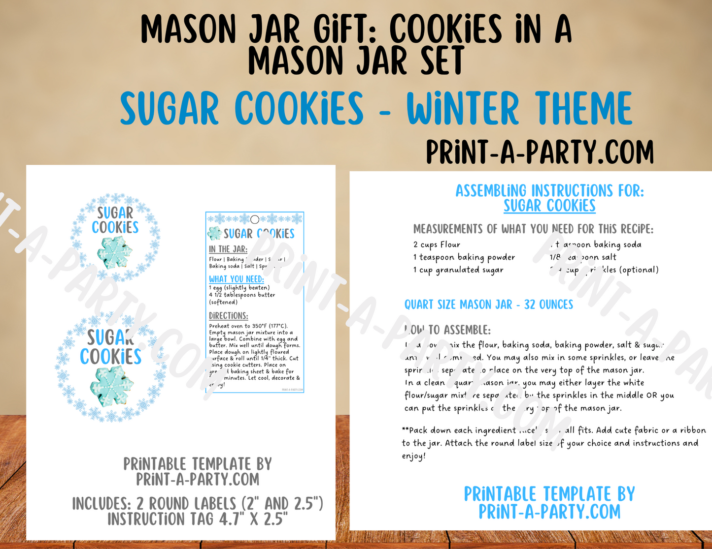 MASON JAR GIFT: Sugar Cookies in a Mason Jar Printable Kit - Winter-themed - Labels, Gift Tag, Ingredients and Instructions
