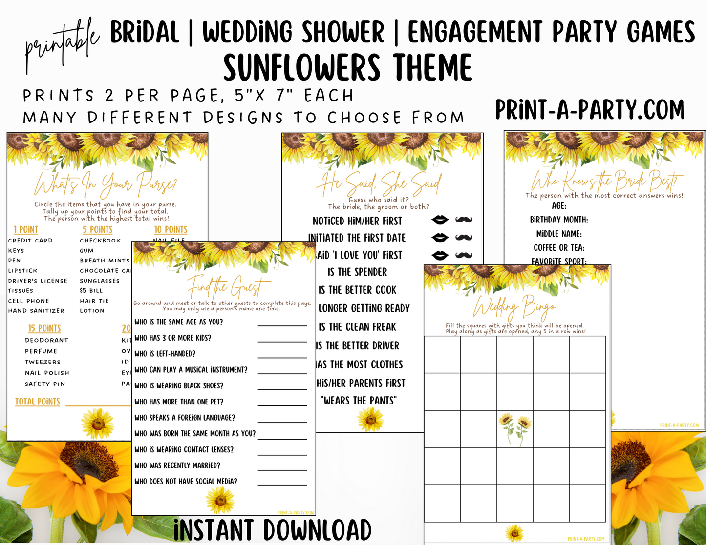 GAME BUNDLE: Bridal Wedding Shower Engagement Party Game Bundle | Sunflower Wedding | Sunflower Wedding Theme | Printable