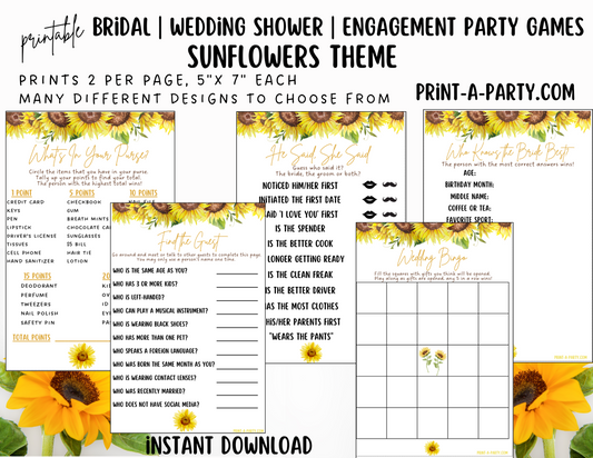 Bridal Shower: Printable SUNFLOWER themed Bridal Shower Game Bundle - Instant Download PDF