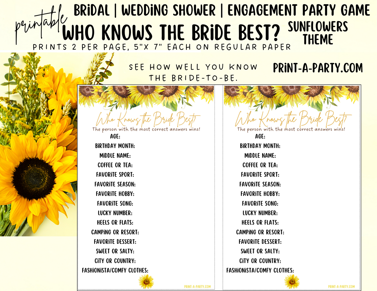 GAME BUNDLE: Bridal Wedding Shower Engagement Party Game Bundle | Sunflower Wedding | Sunflower Wedding Theme | Printable