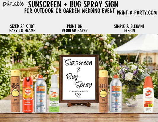 Printable Sunscreen Bug Spray Sign (8x10) - Outdoor or Garden Wedding Shower Decor - Instant PDF Download