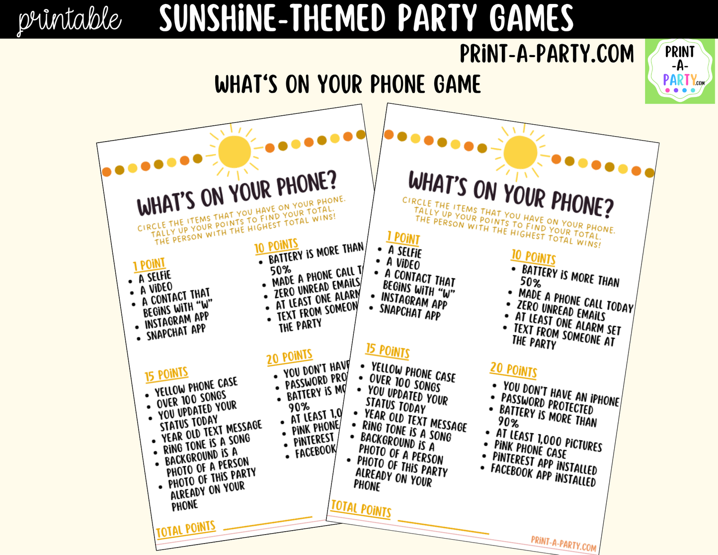 Sunshine Birthday Party Games Printable | Fun in the Sun Party Activities | Teen & Tween Birthday Games
