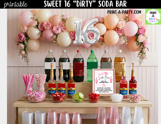Sweet 16 Soda Bar Kit - Dirty Soda Sign (8x10), Recipe Tent Cards (12 recipes!) + Shopping list